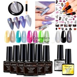 Oja Semipermanenta LIMEIGIRL UV / LED de 8ml, set de 6 culori cu Top si Baza + Stickere si Pigment Holografic